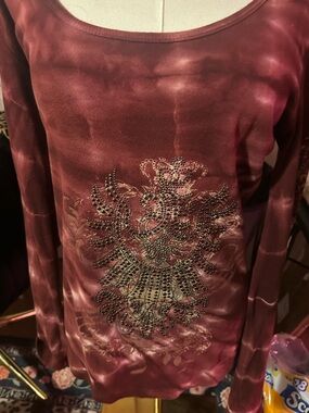 Women’s Long Sleeve Scoop Neck Top in Deep Burgundy with Embellished Front L